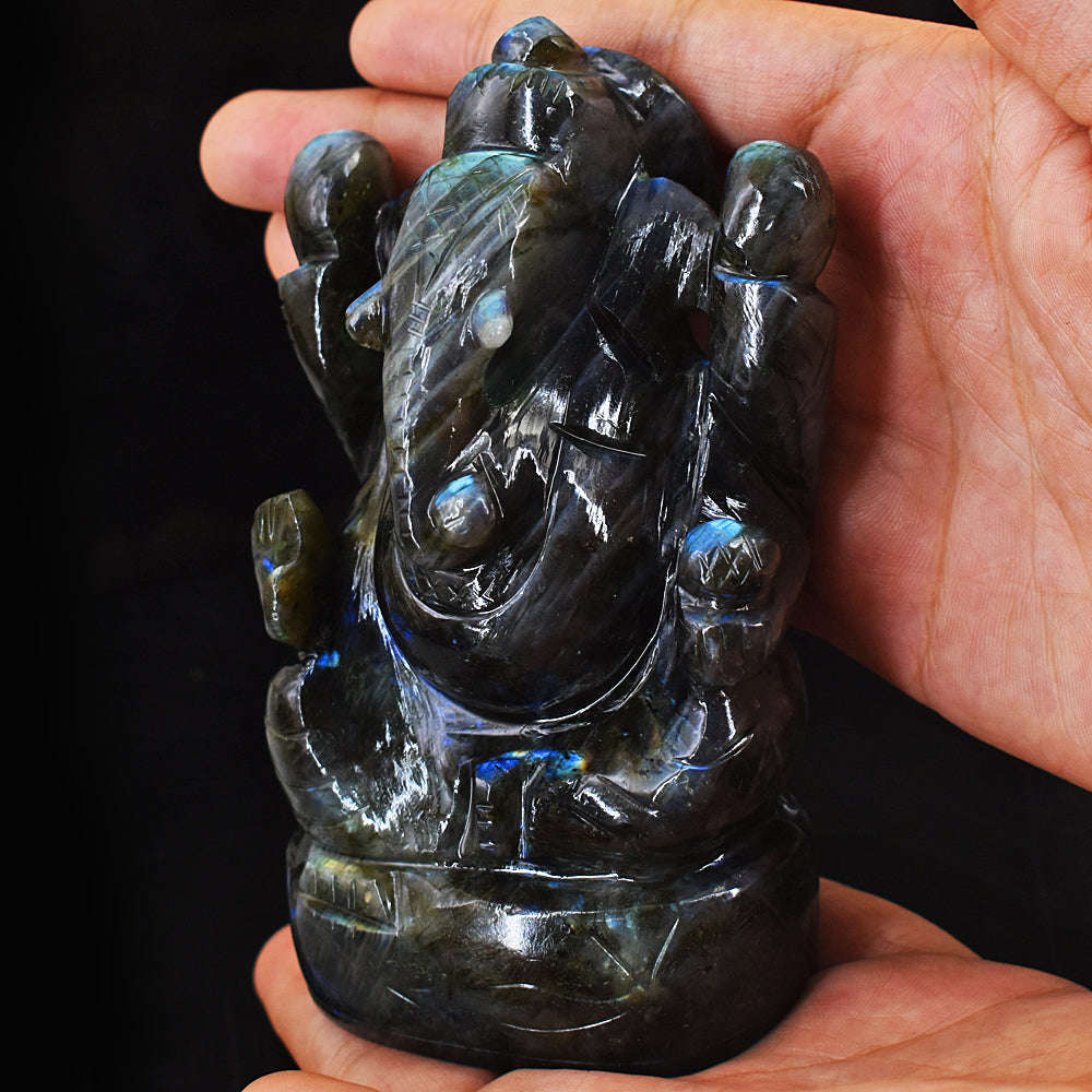 gemsmore:Genuine Amazing Flash Labradorite  Hand Carved Lord Ganesha