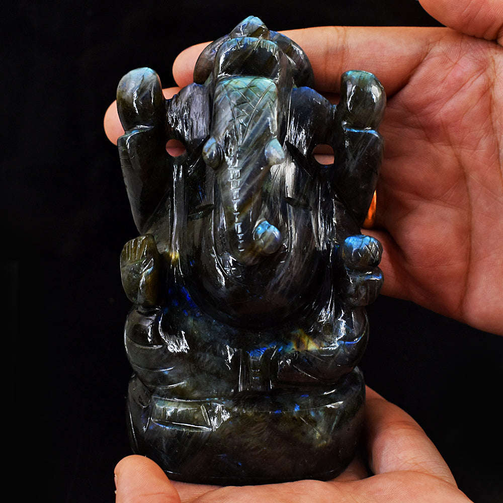 gemsmore:Genuine Amazing Flash Labradorite  Hand Carved Lord Ganesha