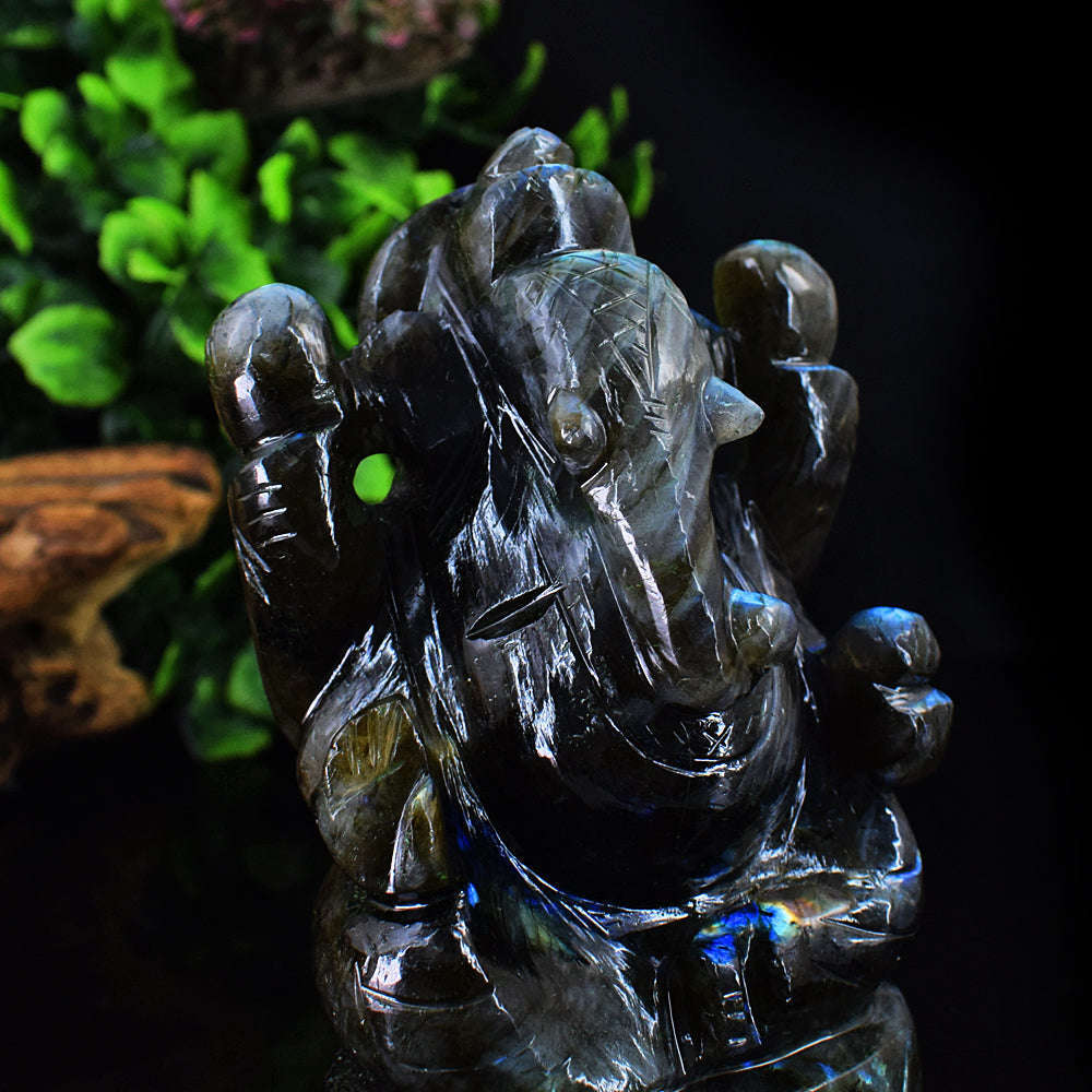 gemsmore:Genuine Amazing Flash Labradorite  Hand Carved Lord Ganesha