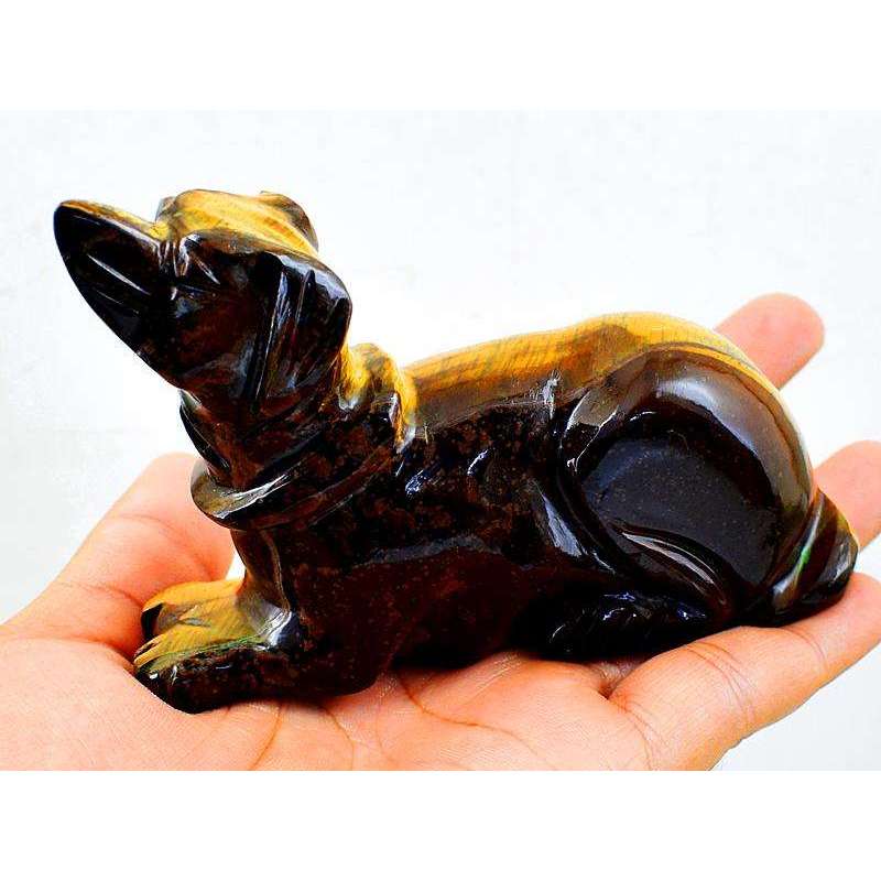 gemsmore:Genuine Amazing Golden Tiger Eye Hand Carved Dog