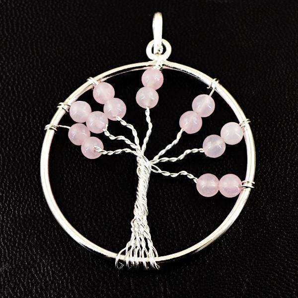 gemsmore:Genuine Amazing Pink Rose Quartz Round Shape Healing Tree Pendant