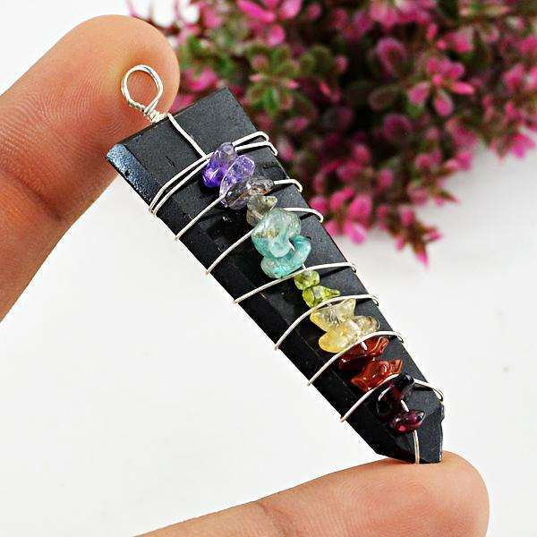 gemsmore:Genuine Black Spinel Seven Chakra Healing Wand Pendant