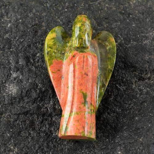 gemsmore:Genuine Blood Green Unakite Carved Healing Angel Gemstone