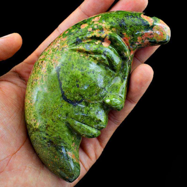 gemsmore:Genuine Blood Green Unakite Carved Moon Face