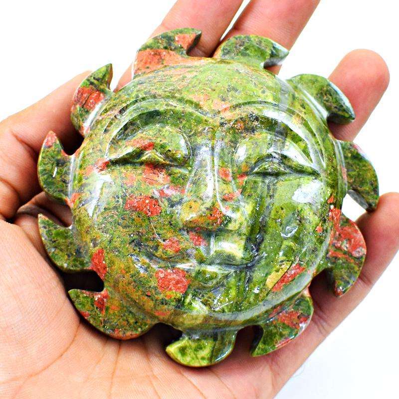 gemsmore:Genuine Blood Green Unakite Carved Sun Face