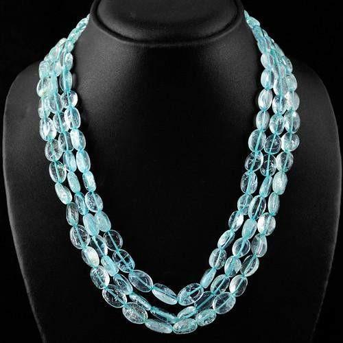 gemsmore:Genuine Blue Aquamarine 3 Line Oval Beads Necklace