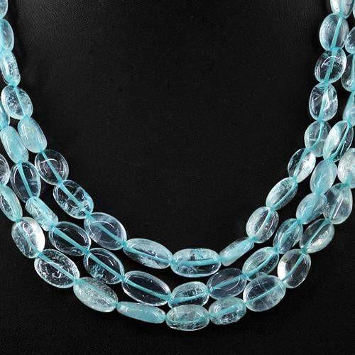 gemsmore:Genuine Blue Aquamarine 3 Line Oval Beads Necklace
