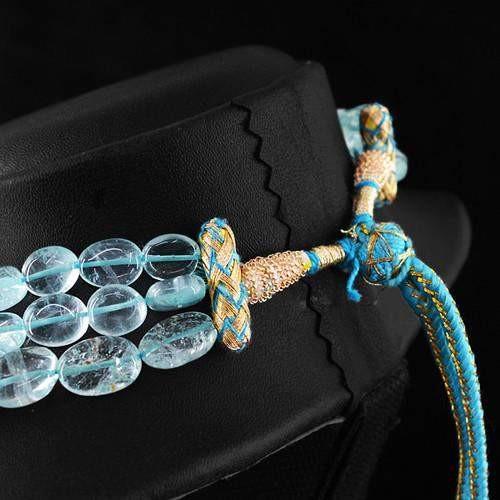 gemsmore:Genuine Blue Aquamarine 3 Line Oval Beads Necklace