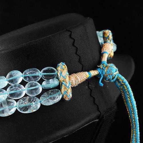gemsmore:Genuine Blue Aquamarine 3 Line Oval Beads Necklace