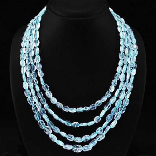 gemsmore:Genuine Blue Aquamarine 4 Line Oval Beads Necklace