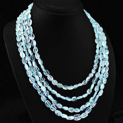 gemsmore:Genuine Blue Aquamarine 4 Line Oval Beads Necklace
