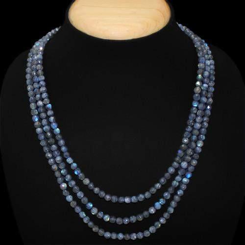 gemsmore:Genuine Blue Color Change Labradorite 3 Line Beads Necklace