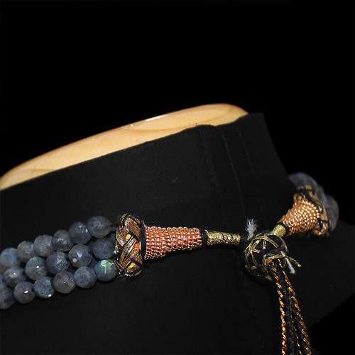gemsmore:Genuine Blue Color Change Labradorite 3 Line Beads Necklace