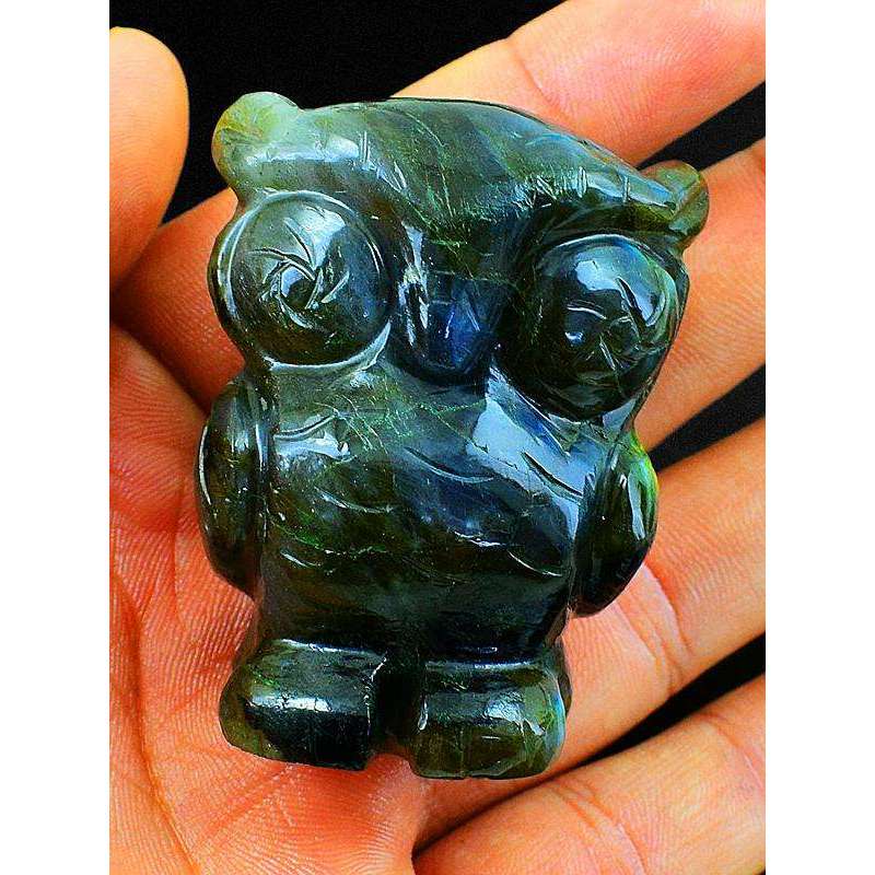 gemsmore:Genuine Blue Flash Labardorite Finely Carved Gemstone Owl