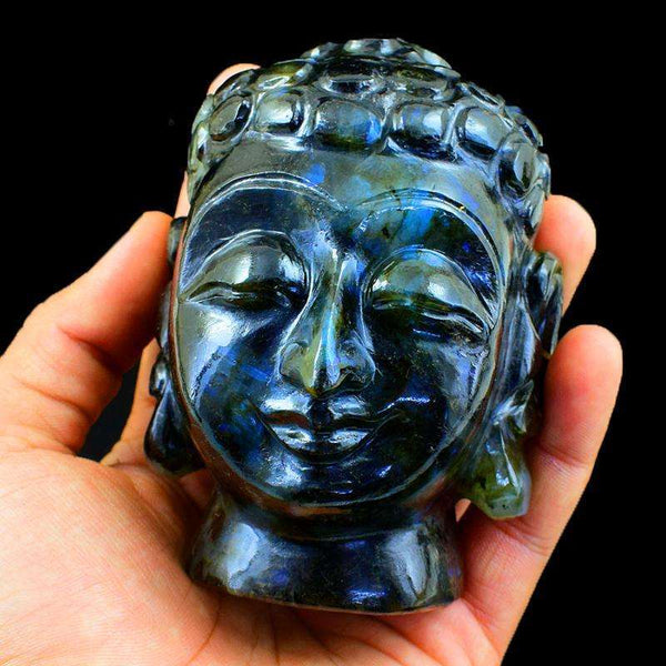 gemsmore:Genuine Blue Flash Labradorite Carved Lord Buddha Head Idol