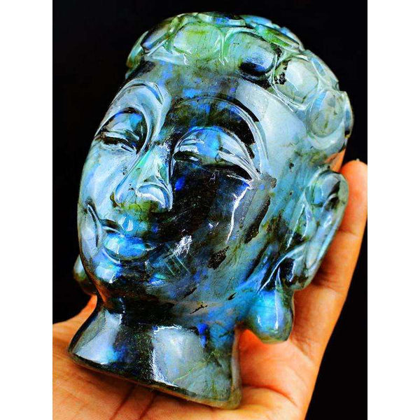 gemsmore:Genuine Blue Flash Labradorite Carved Lord Buddha Head Idol