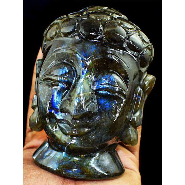 gemsmore:Genuine Blue Flash Labradorite Carved Lord Buddha Head Idol