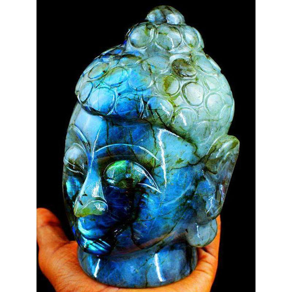 gemsmore:Genuine Blue Flash Labradorite Carved Lord Buddha Head