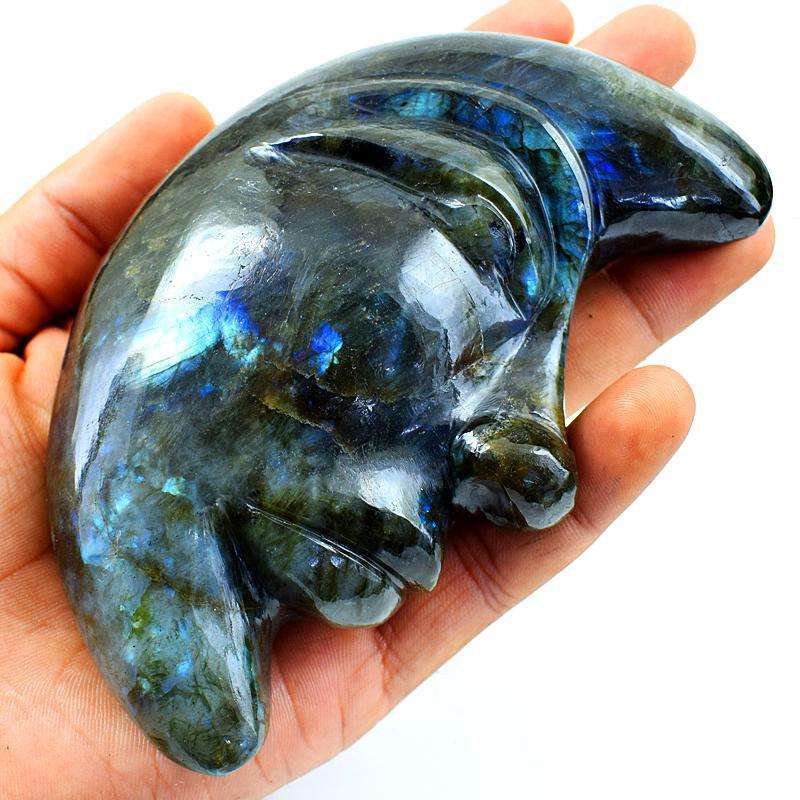 gemsmore:Genuine Blue Flash Labradorite Carved Moon Face