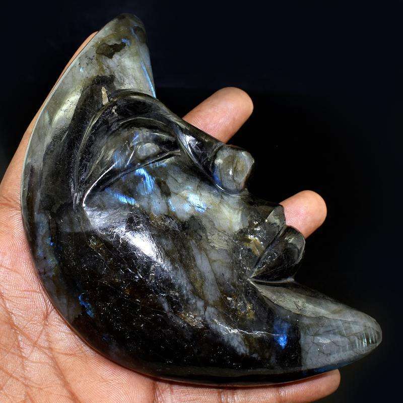 gemsmore:Genuine Blue Flash Labradorite Carved Moon Face