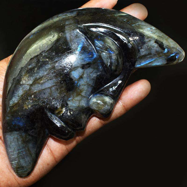 gemsmore:Genuine Blue Flash Labradorite Carved Moon Face