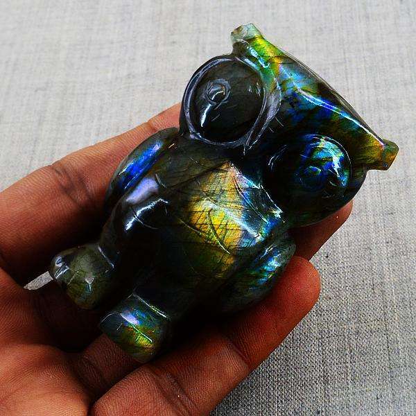 gemsmore:Genuine Blue Flash Labradorite Carved Owl