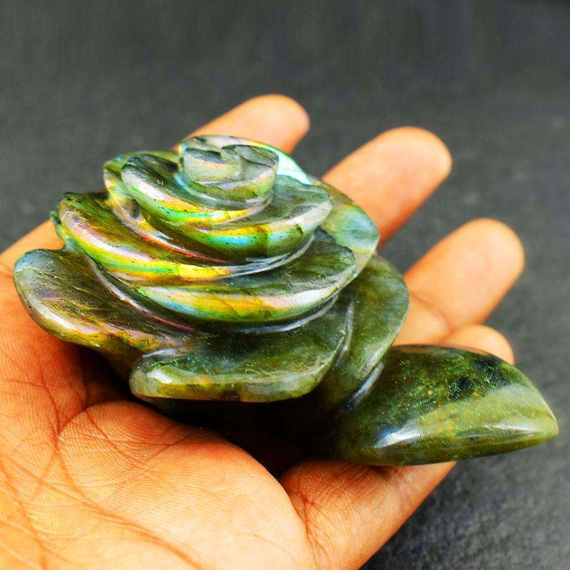gemsmore:Genuine Blue Flash Labradorite Carved Rose With Leaf