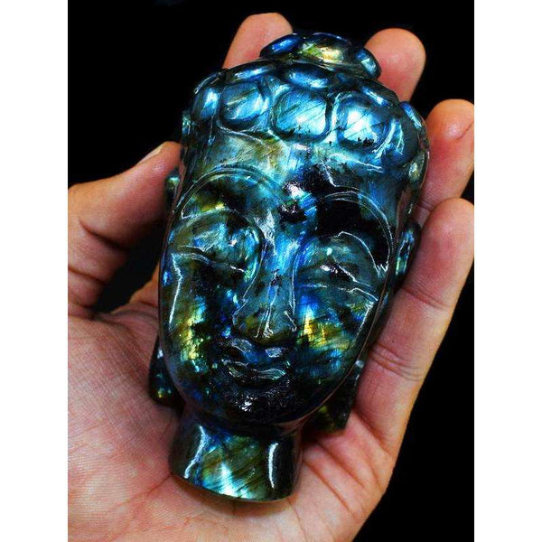 gemsmore:Genuine Blue Flash Labradorite Hand Carved Buddha Head