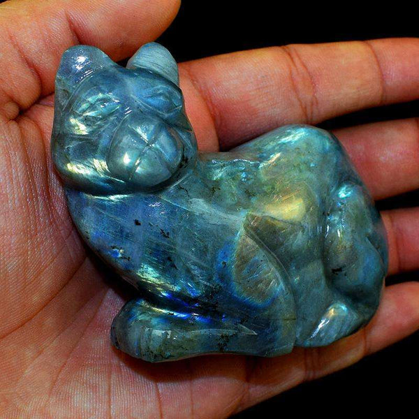 gemsmore:Genuine Blue Flash Labradorite Hand Carved Cat