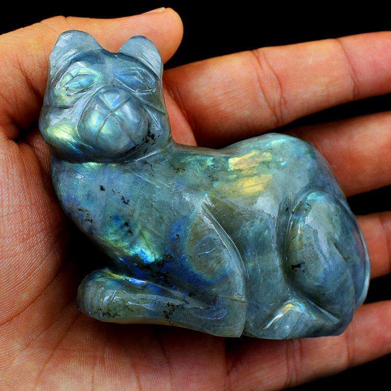 gemsmore:Genuine Blue Flash Labradorite Hand Carved Cat