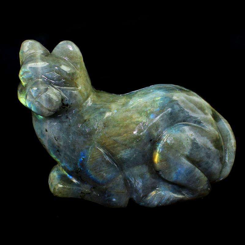 gemsmore:Genuine Blue Flash Labradorite Hand Carved Cat
