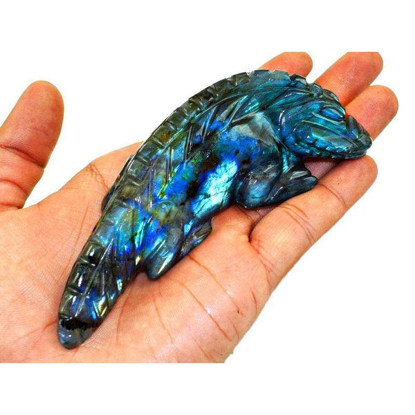 gemsmore:Genuine Blue Flash Labradorite Hand Carved Crocodile