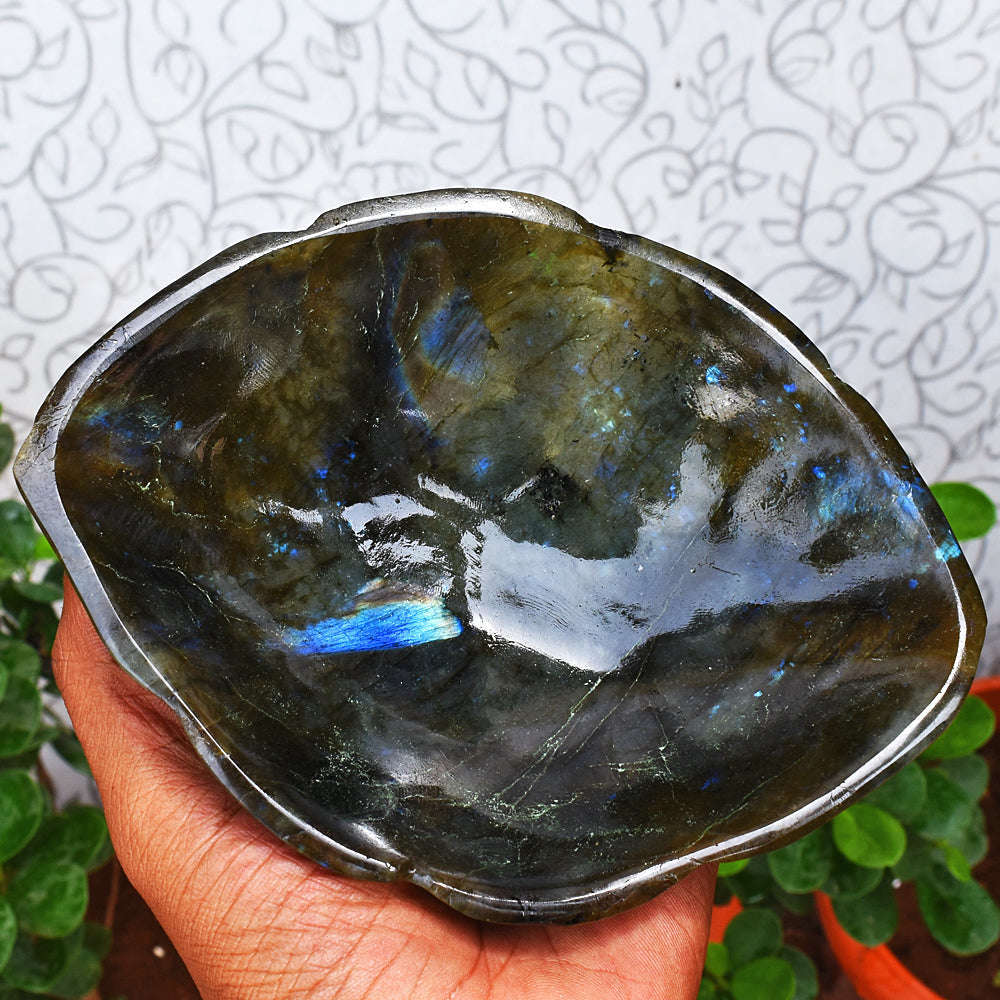 gemsmore:Genuine Blue Flash Labradorite Hand Carved Crystal Gemstone  Carving Bowl