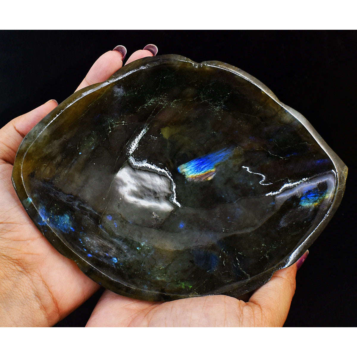gemsmore:Genuine Blue Flash Labradorite Hand Carved Crystal Gemstone  Carving Bowl