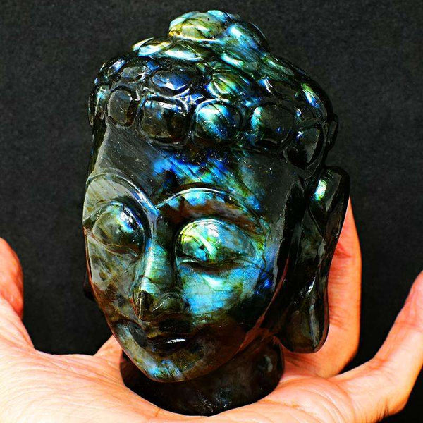 gemsmore:Genuine Blue Flash Labradorite Hand Carved Lord Buddha Head