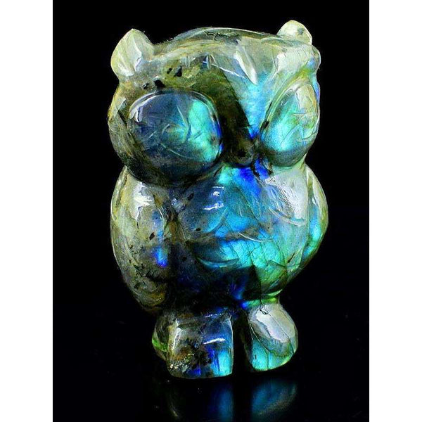 gemsmore:Genuine Blue Flash Labradorite Hand Carved Owl