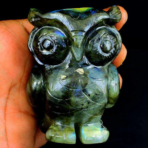 gemsmore:Genuine Blue Flash Labradorite Hand Carved Owl