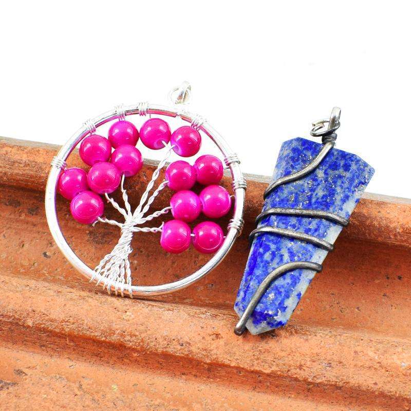 gemsmore:Genuine Blue Lapis Lazuli Healing Wand Pendant & Pink Onyx Tree Pendant Set