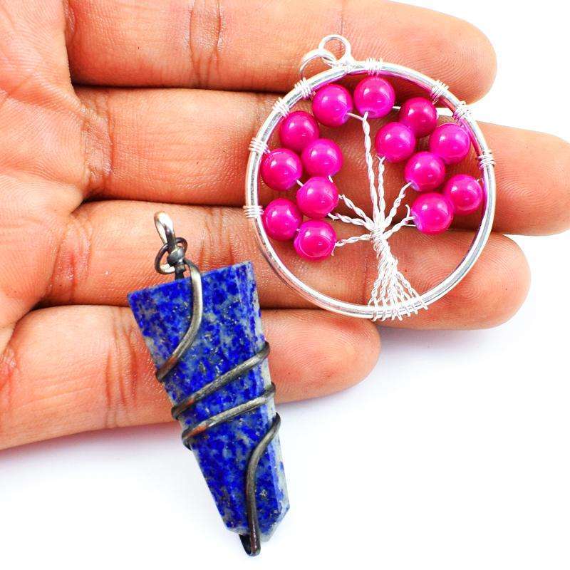 gemsmore:Genuine Blue Lapis Lazuli Healing Wand Pendant & Pink Onyx Tree Pendant Set