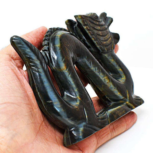 gemsmore:Genuine Blue Power Tiger Eye Carved Dragon