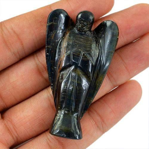 gemsmore:Genuine Blue Power Tiger Eye Carved Healing Angel Gemstone