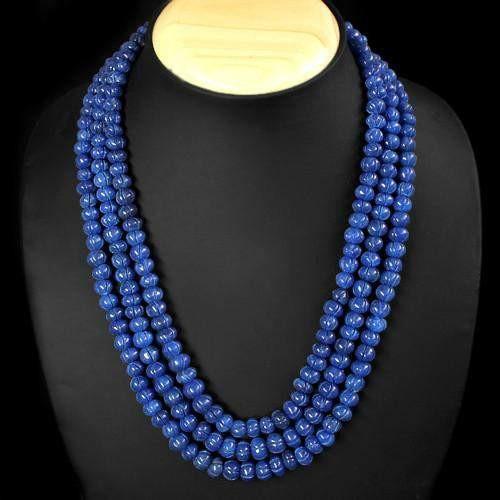 gemsmore:Genuine Blue Sapphire 3 Line Carved Beads Necklace