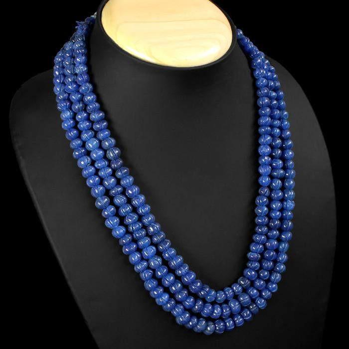 gemsmore:Genuine Blue Sapphire 3 Line Carved Beads Necklace