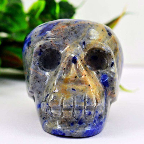 gemsmore:Genuine Blue Sodalite Carved Gemstone Human Skull