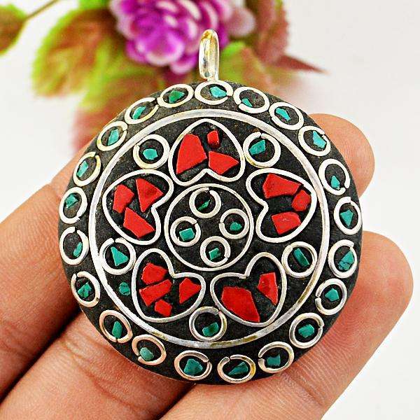 gemsmore:Genuine Coral & Turquoise Tibet Silver Pendat