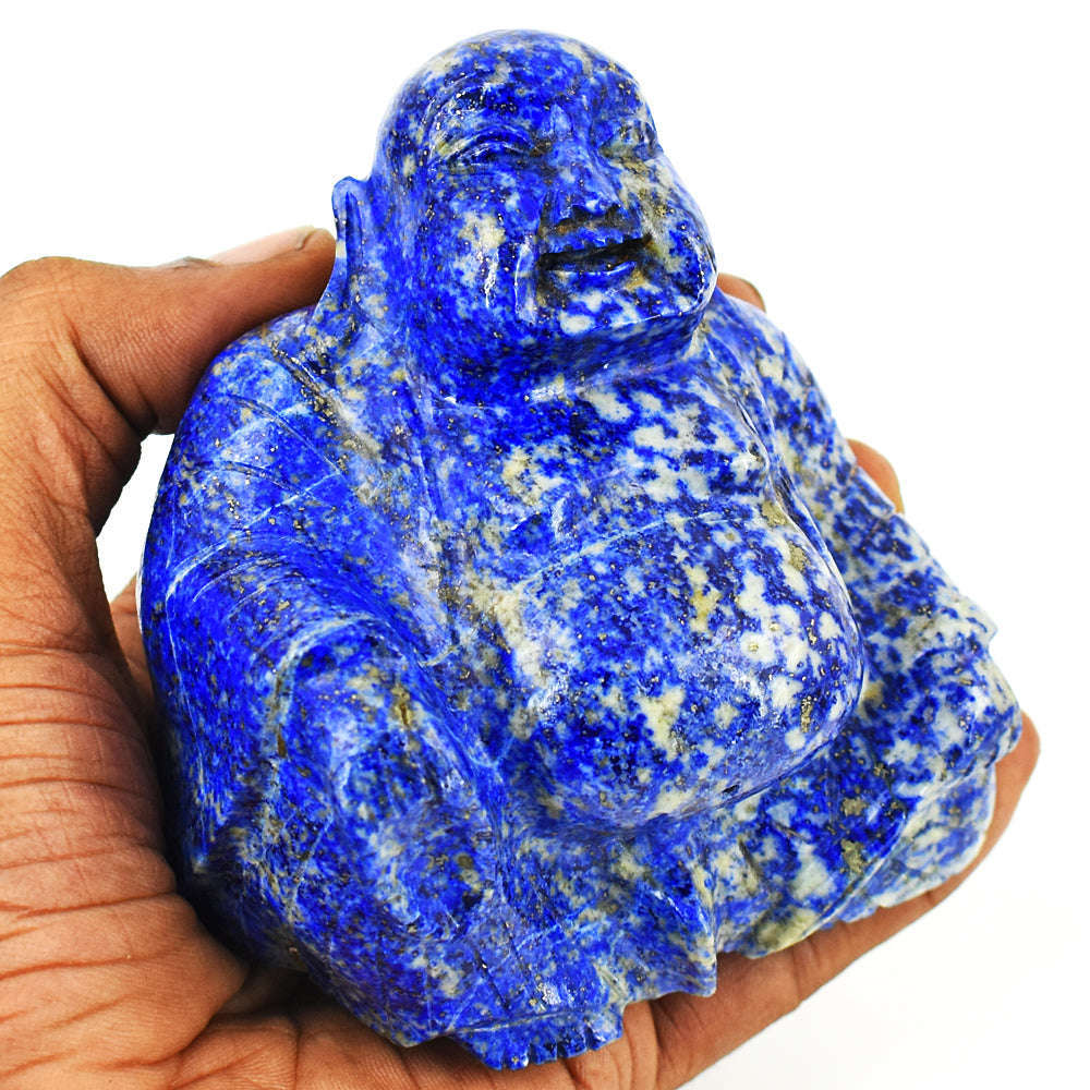 gemsmore:Genuine Denim Blue Lapis Lazuli  Hand Carved Genuine Crystal Gemstone Carving Laughing Buddha