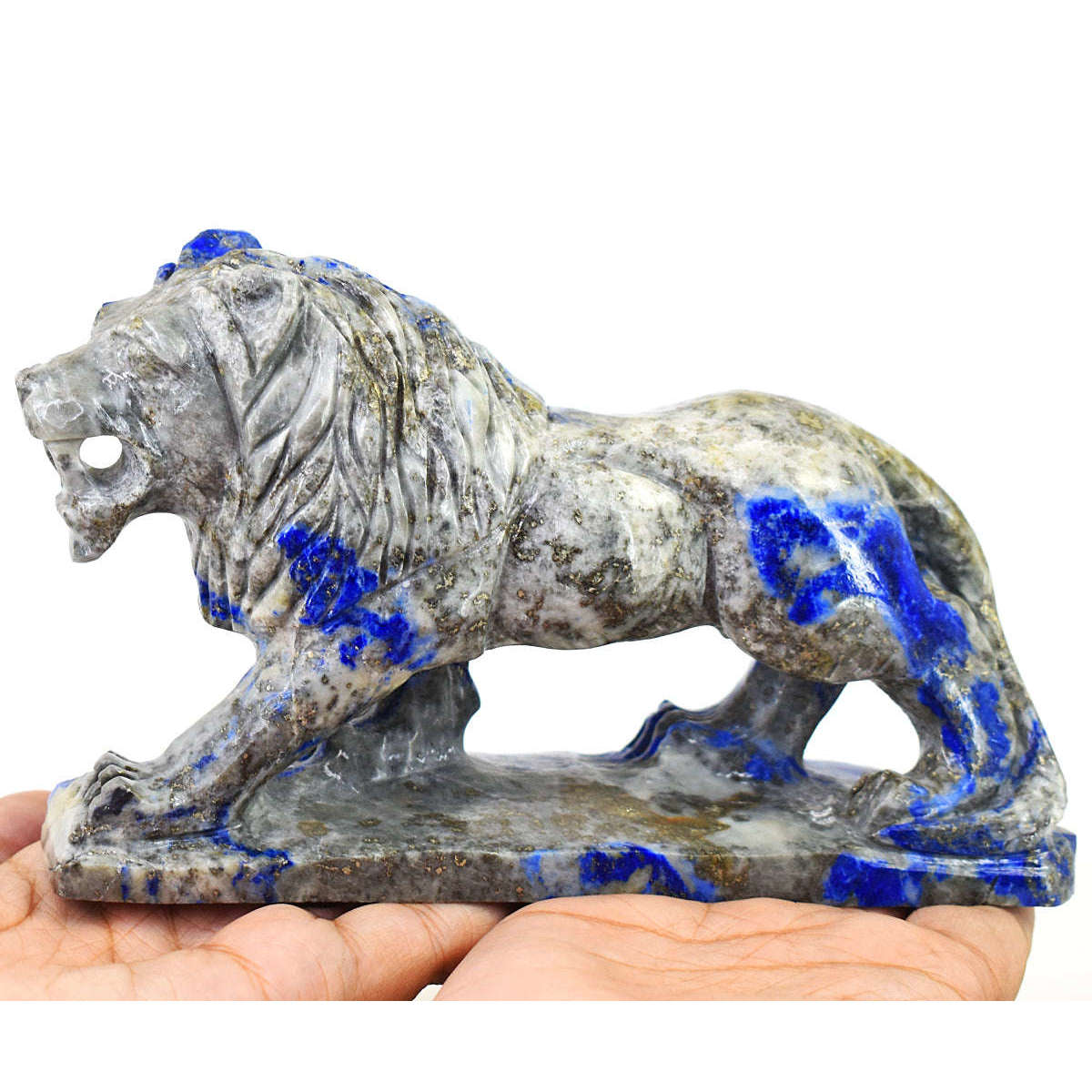 gemsmore:Genuine Denim Blue Lapis Lazuli  Hand Carved Genuine Crystal Gemstone Carving Lion