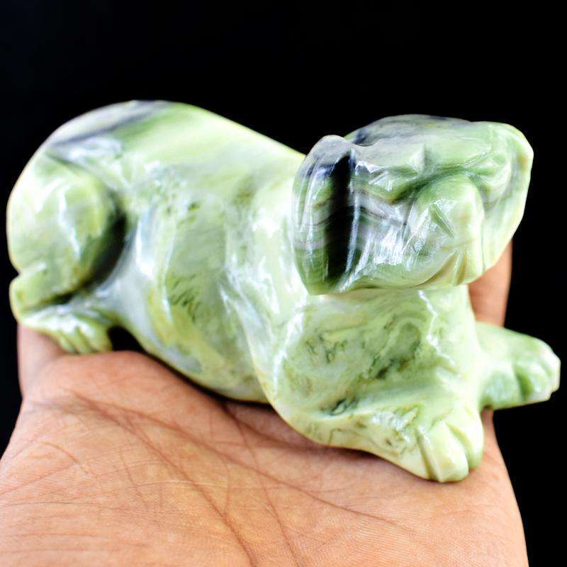 gemsmore:Genuine Forest Green Jasper Hand Carved Dog