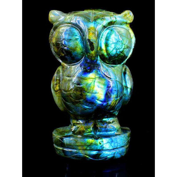 gemsmore:Genuine Golden & Blue Flash Labradorite Carved Owl