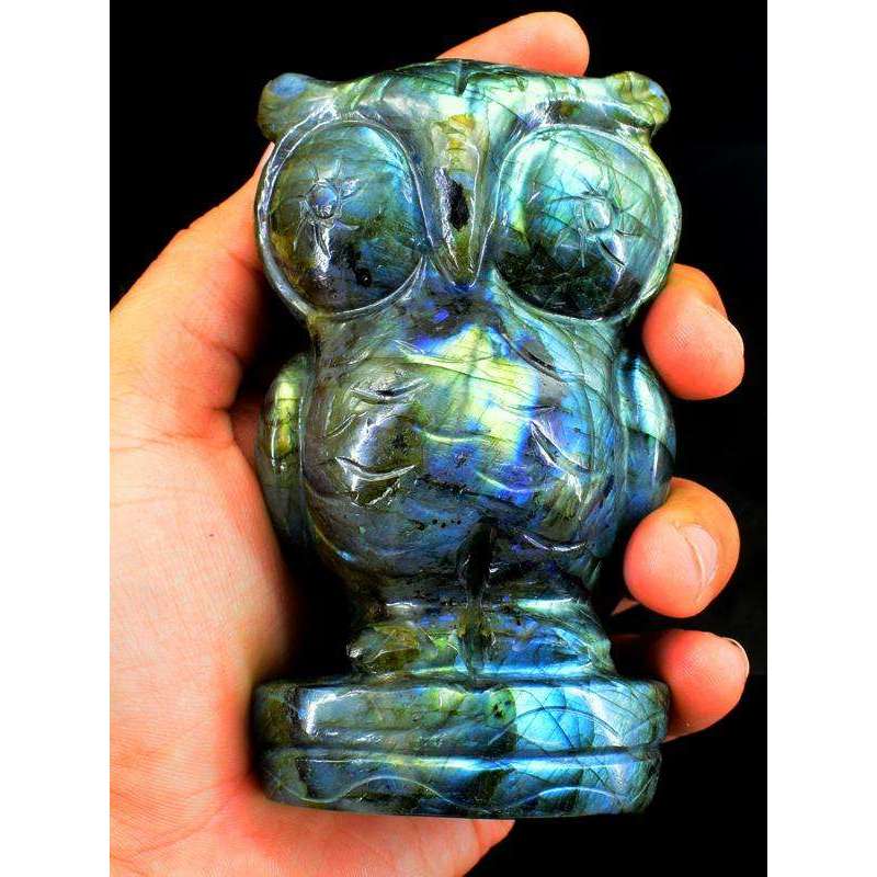 gemsmore:Genuine Golden & Blue Flash Labradorite Carved Owl